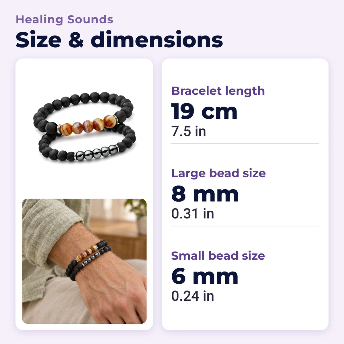Hematite Agate Bracelet Set for Protection and Balance, size and dimensions in millimetres and inches