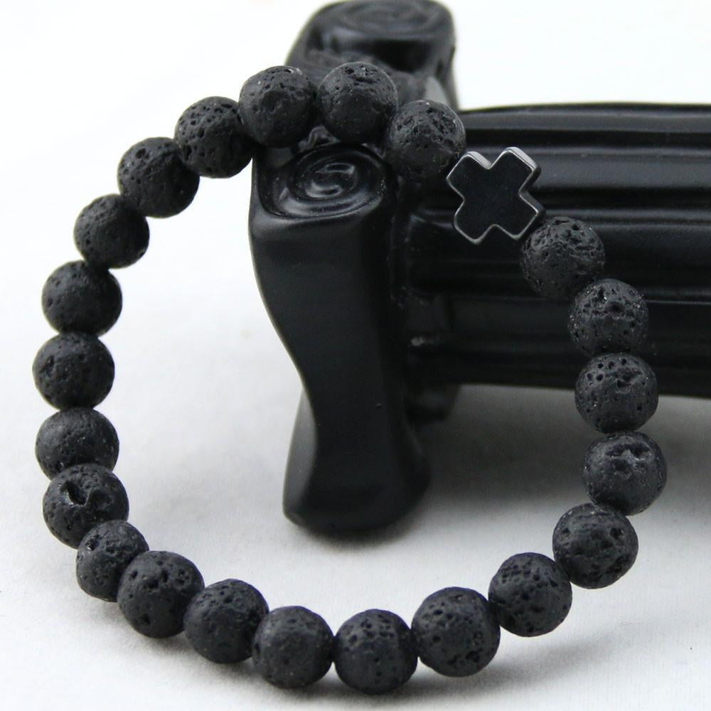 Hematite & Lava Stone Cross Bracelet with Turquoise
