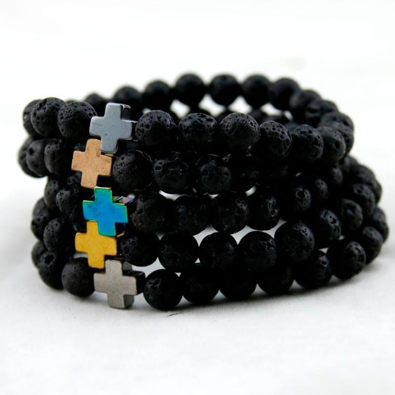 Hematite & Lava Stone Cross Bracelet with Turquoise