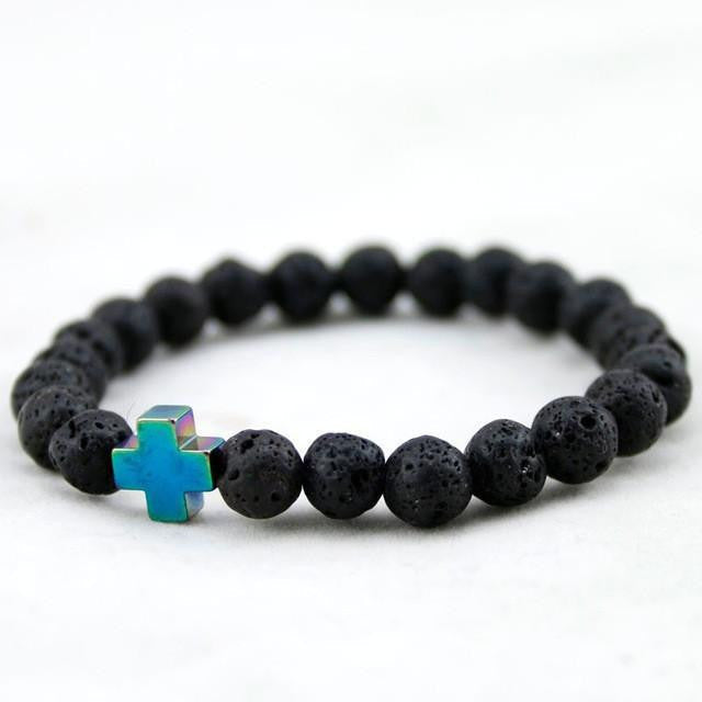 Hematite & Lava Stone Cross Bracelet with Turquoise