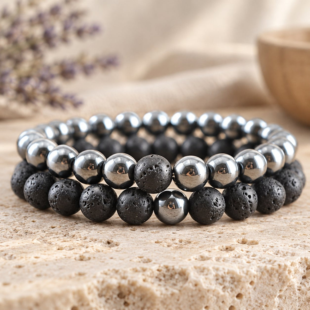Hematite and Lava Stone Balance Bracelets, 2pc set stacked