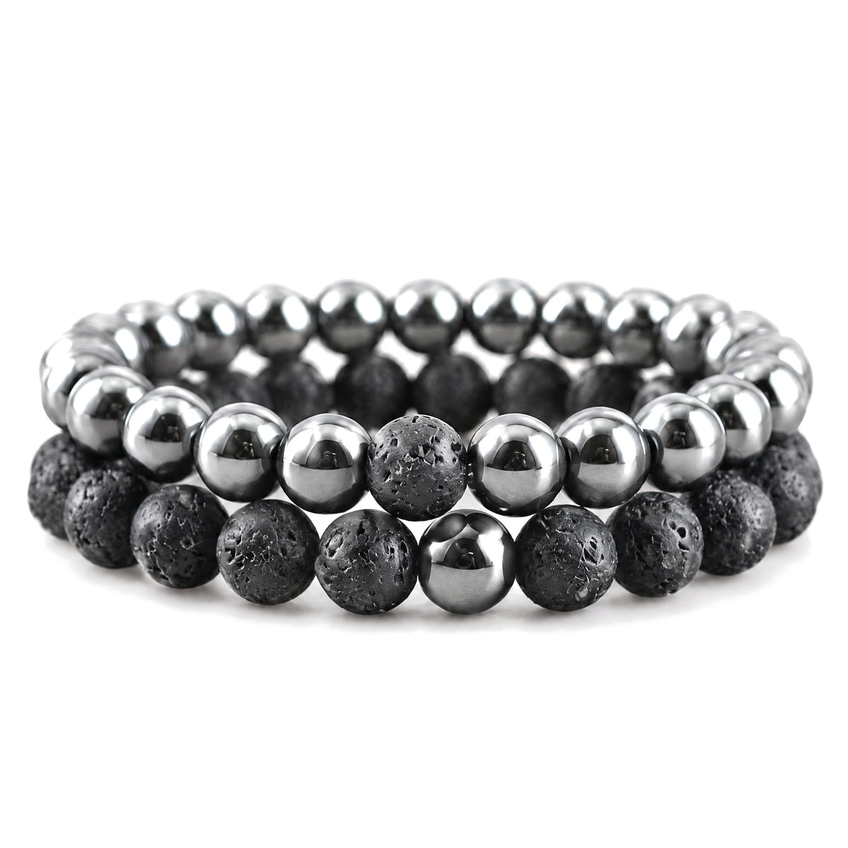 Hematite and Lava Stone Balance Bracelets, 2pc Set, on a white background