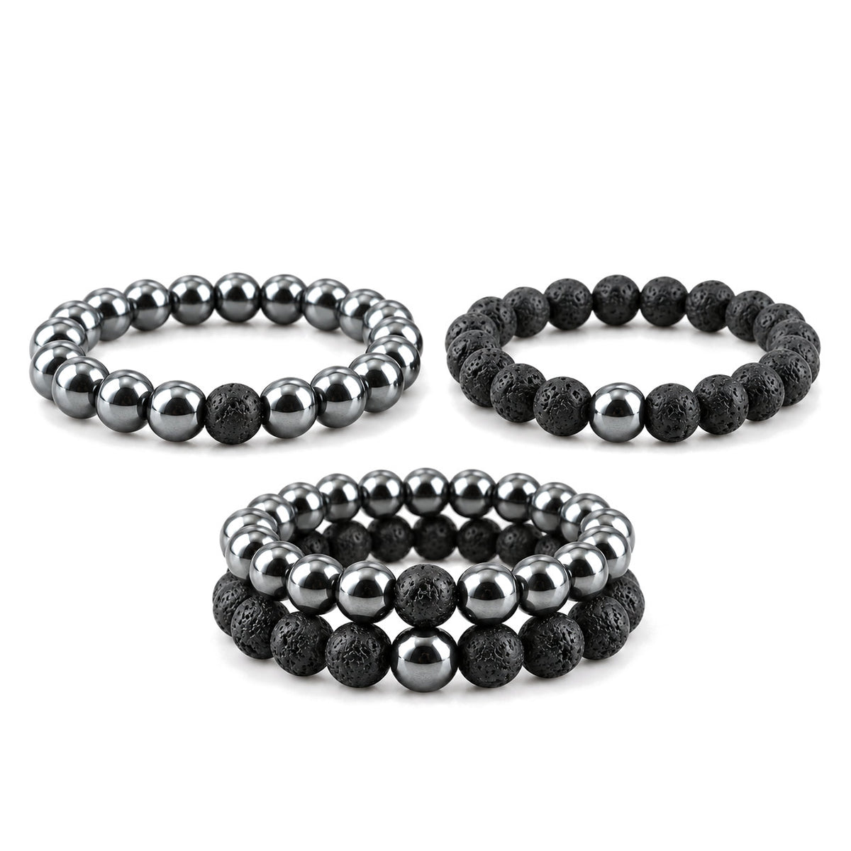 Hematite and Lava Stone Balance Bracelets, every variant on a white background