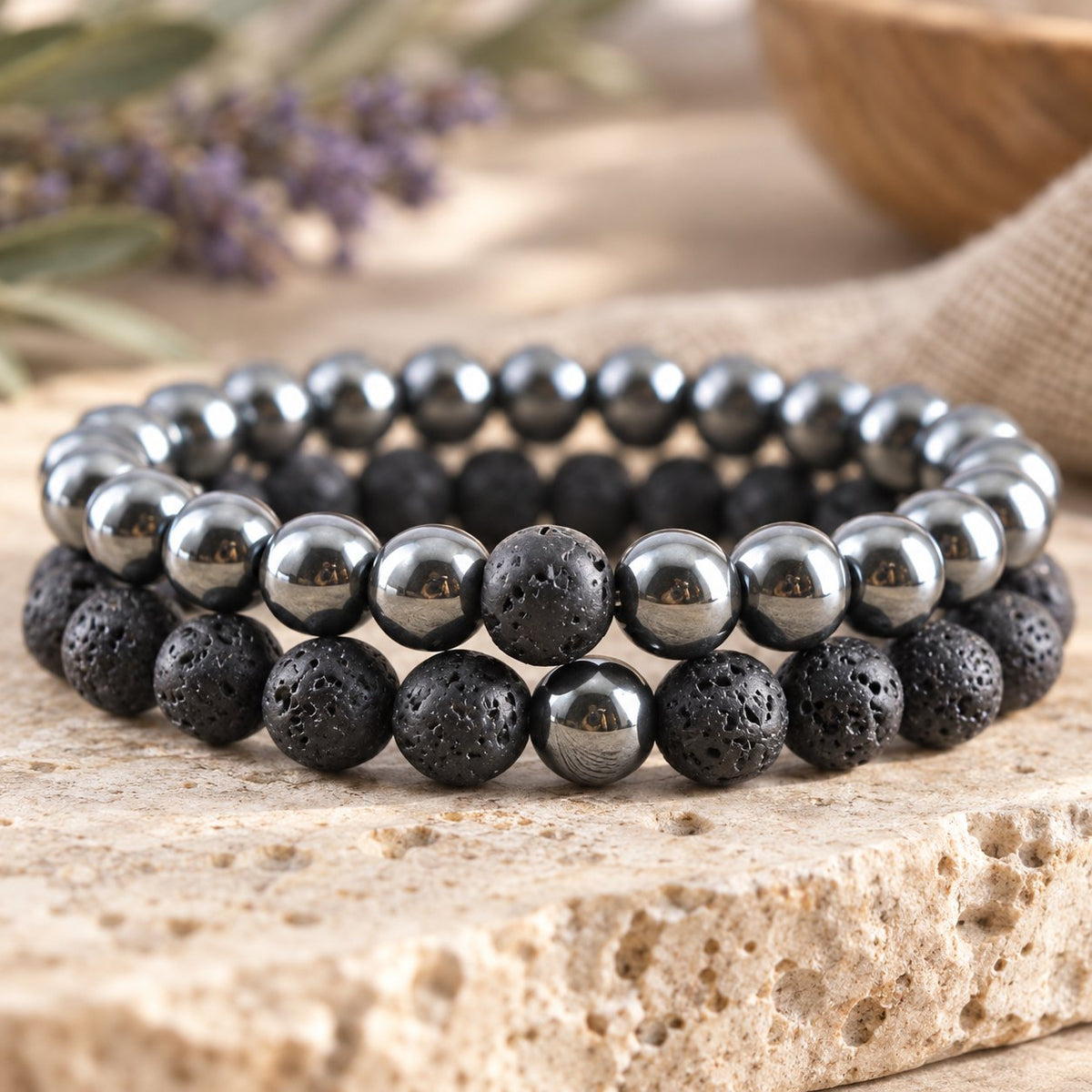 Hematite and Lava Stone Balance Bracelets, close-up of the material and finish
