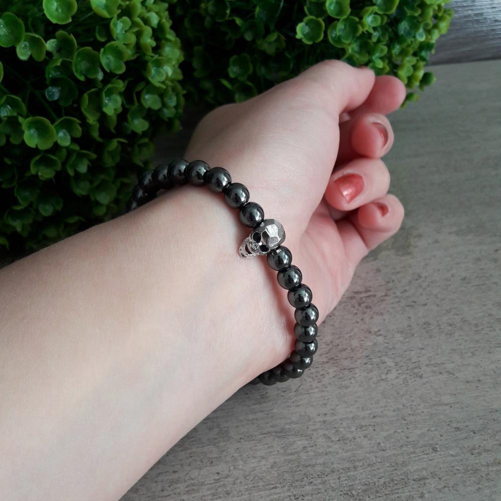Hematite Skull Bracelet with Black Zirconia Eyes
