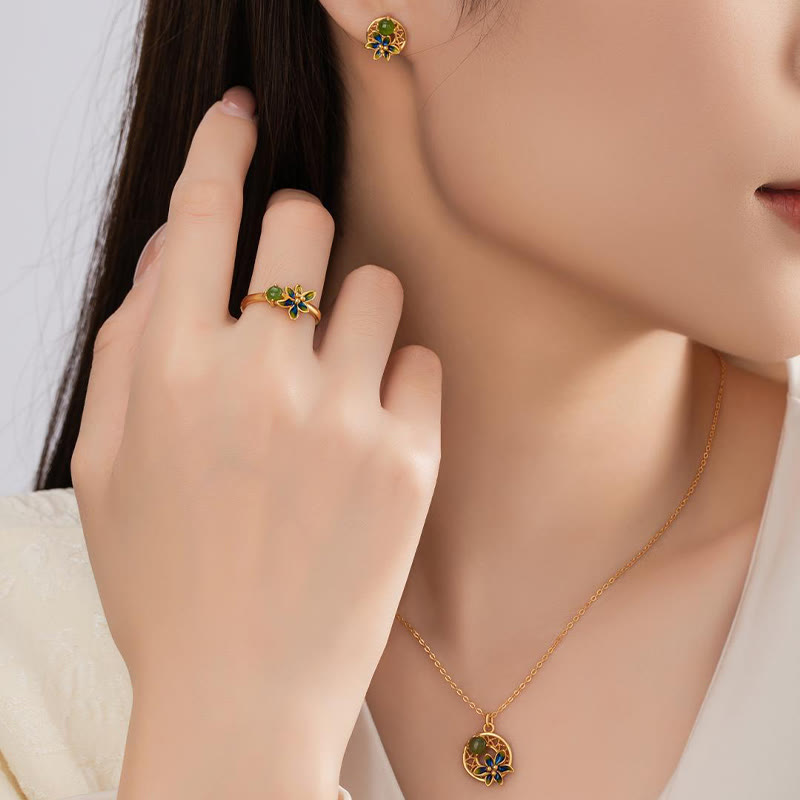 Hetian Cyan Jade 3Pcs Jewelry Set | Necklace Ring Earrings