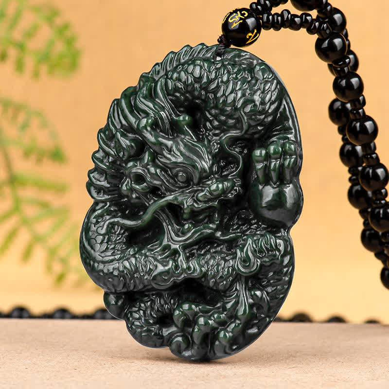 Hetian Cyan Jade Dragon Necklace for Success & Harmony