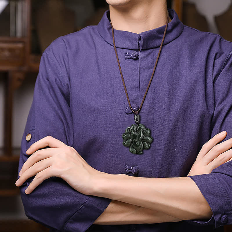 Hetian Cyan Jade Nine Tailed Fox Luck Pendant Necklace