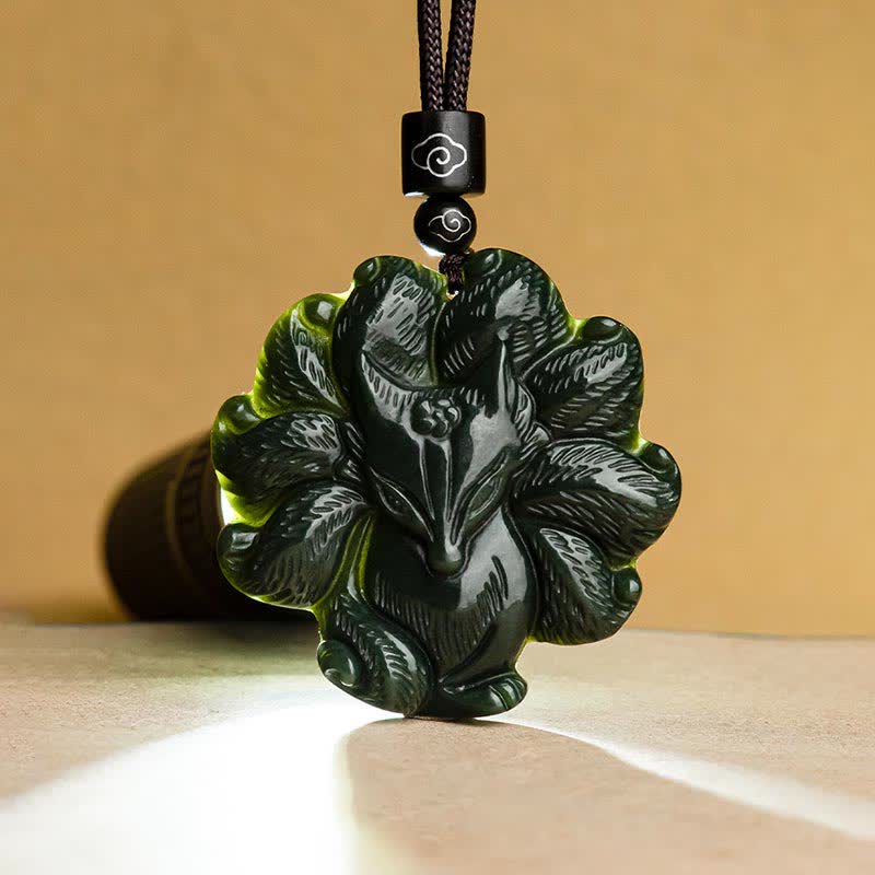 Hetian Cyan Jade Nine Tailed Fox Luck Pendant Necklace