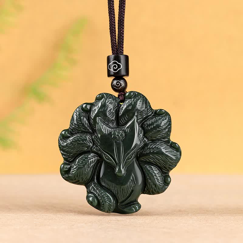 Hetian Cyan Jade Nine Tailed Fox Luck Pendant Necklace