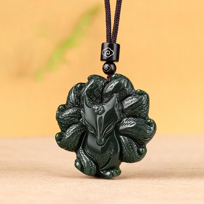 Hetian Cyan Jade Nine Tailed Fox Luck Pendant Necklace