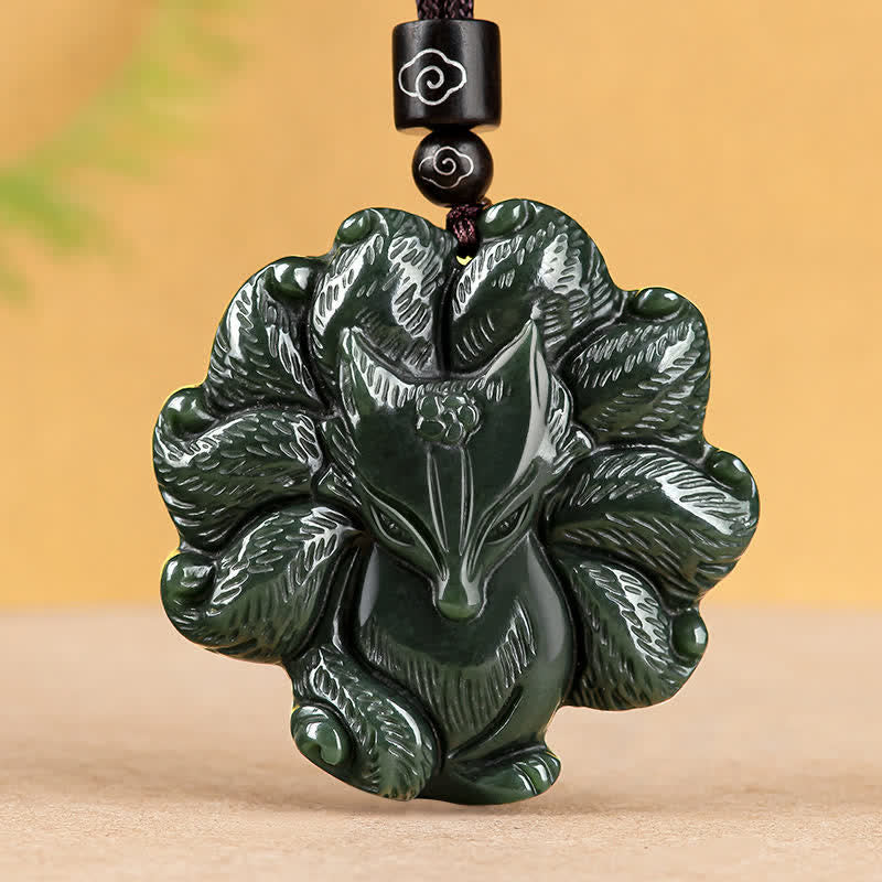 Hetian Cyan Jade Nine Tailed Fox Luck Pendant Necklace