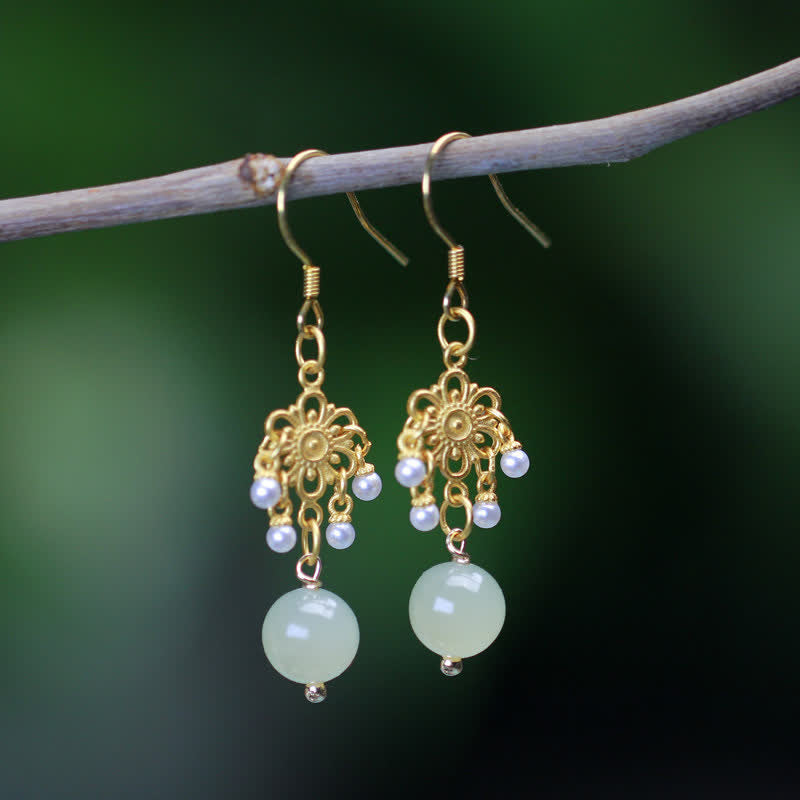 Hetian Jade 14K Gold Dangle Earrings for Prosperity & Luck