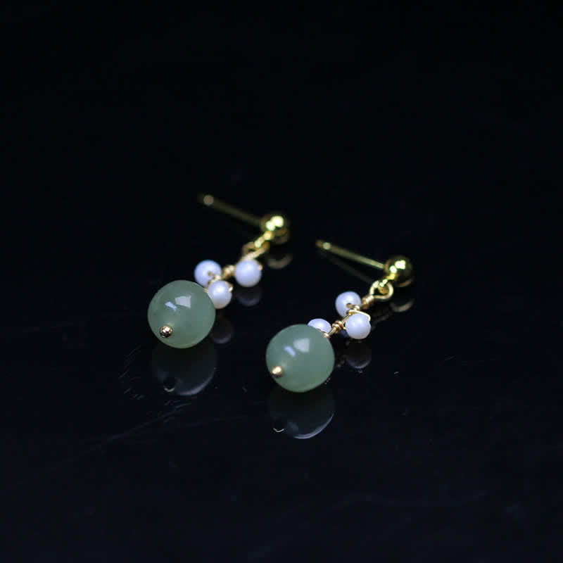 Hetian Jade 14K Gold Dangle Earrings for Prosperity & Luck