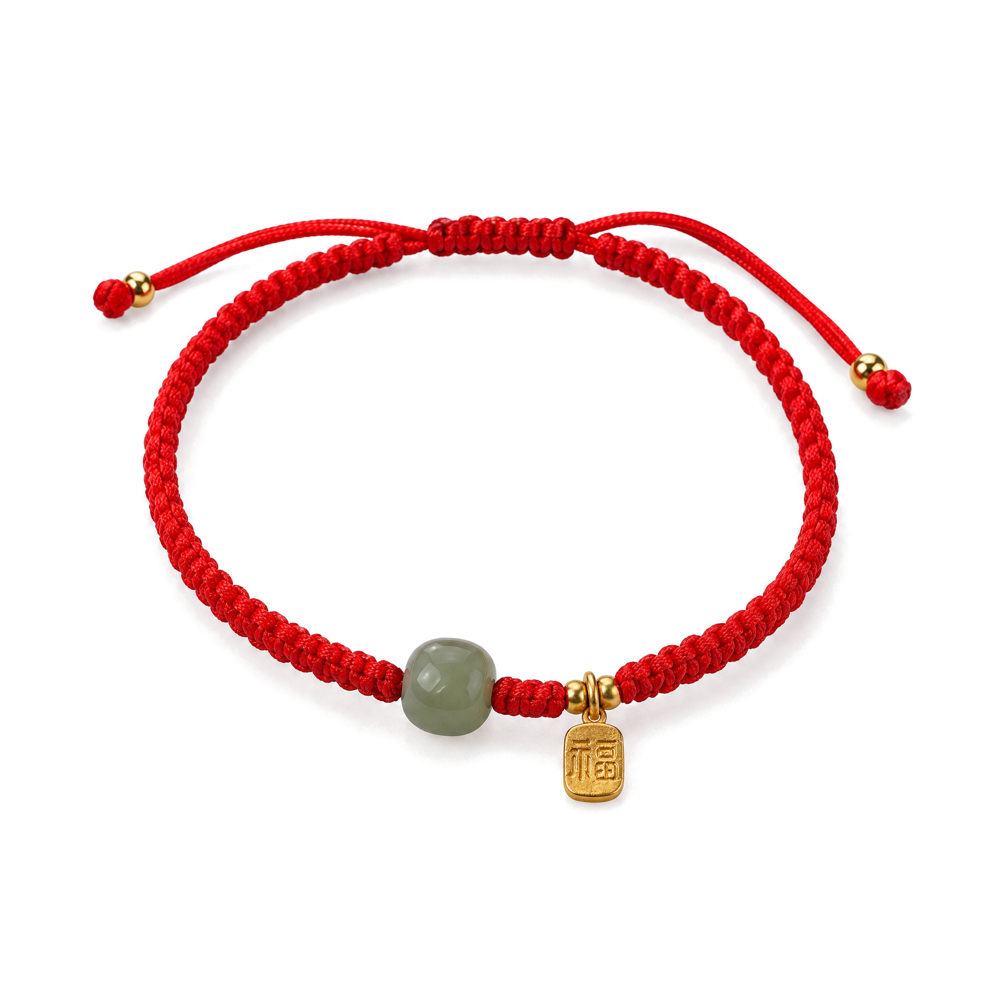 Adjustable 7x8mm Hetian Jade Red String Blessing Bracelet, Red, on a white background