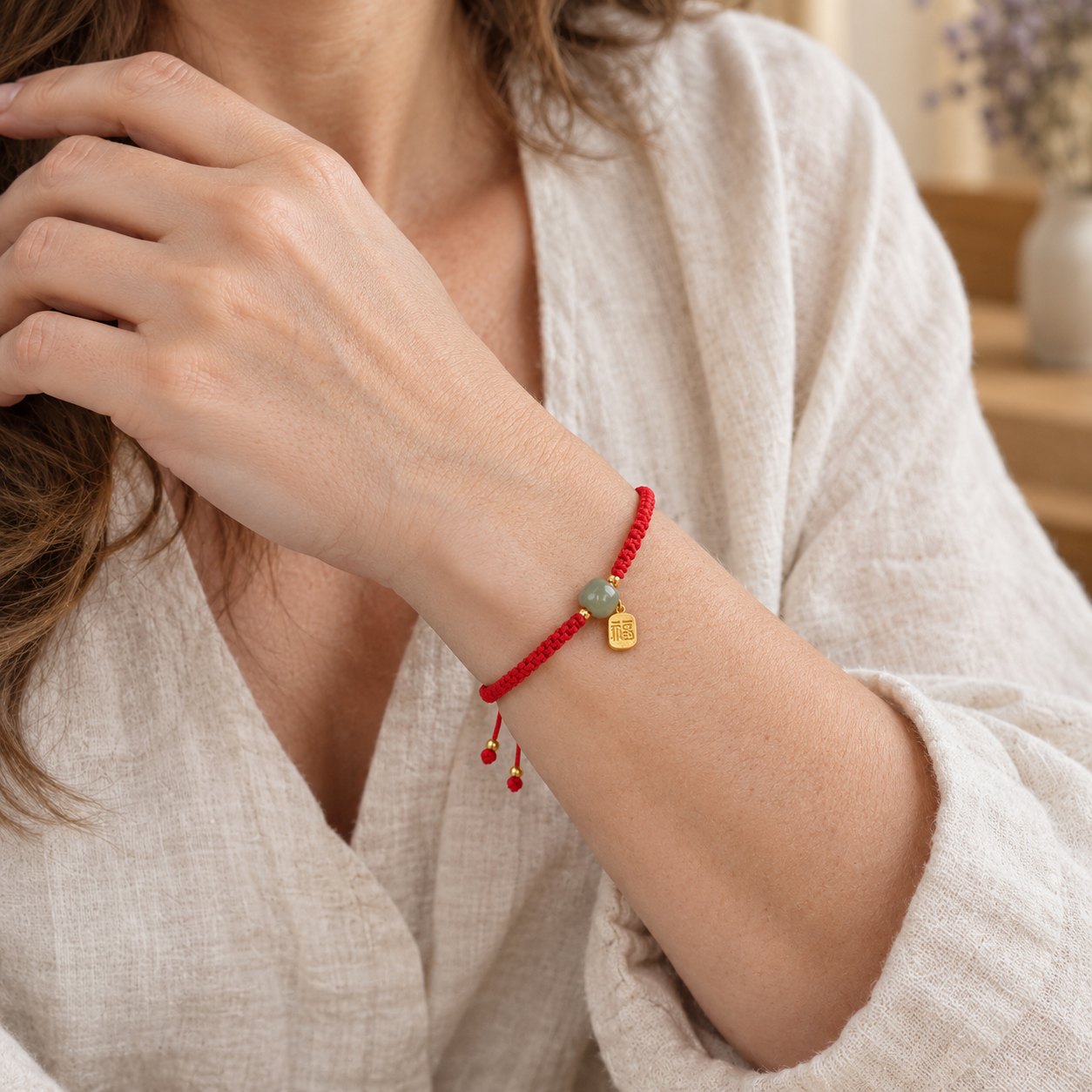 Adjustable 7x8mm Hetian Jade Red String Blessing Bracelet, worn on the wrist by a woman