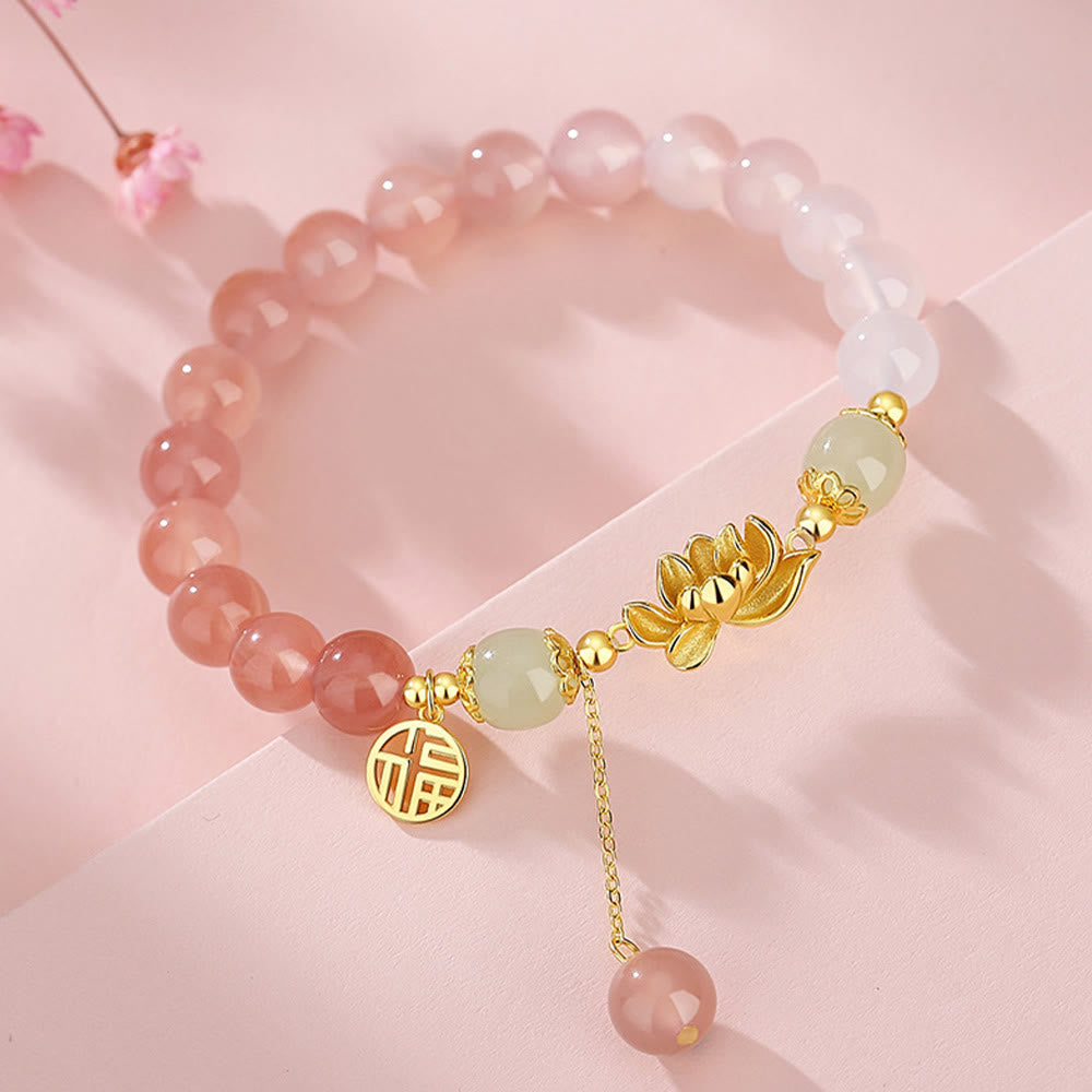 Hetian Jade Bracelet with Agate & Lotus Symbols of Fortune