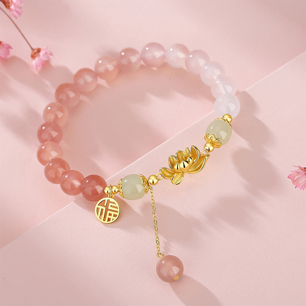 Hetian Jade Bracelet with Agate & Lotus Symbols of Fortune