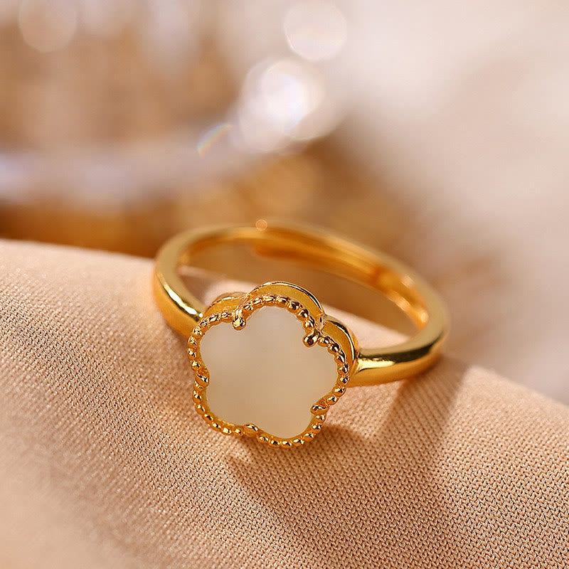 Hetian Jade Flower Necklace & Ring Set in Sterling Silver Gold Plated for Luck