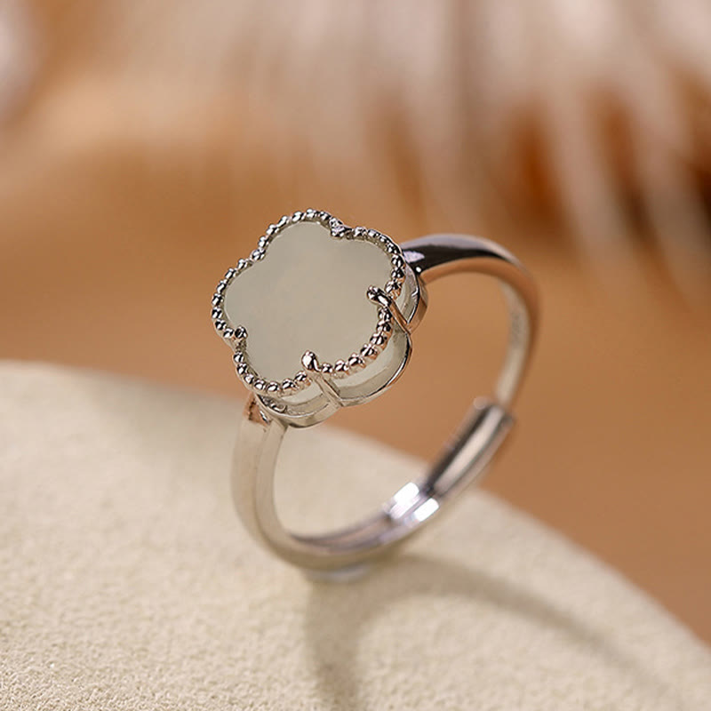 Hetian Jade Flower Necklace & Ring Set in Sterling Silver Gold Plated for Luck