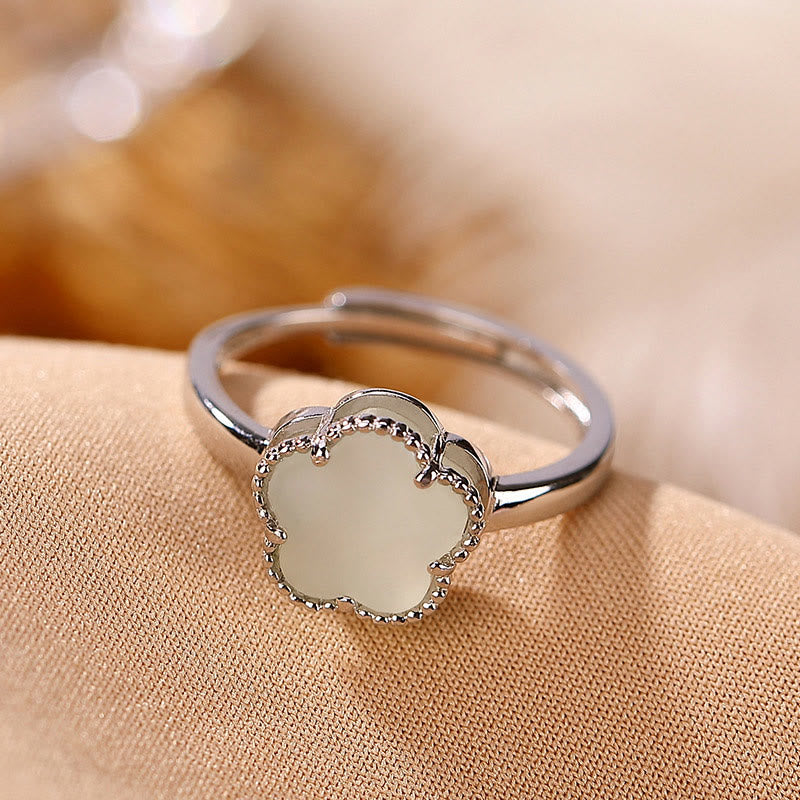 Hetian Jade Flower Necklace & Ring Set in Sterling Silver Gold Plated for Luck