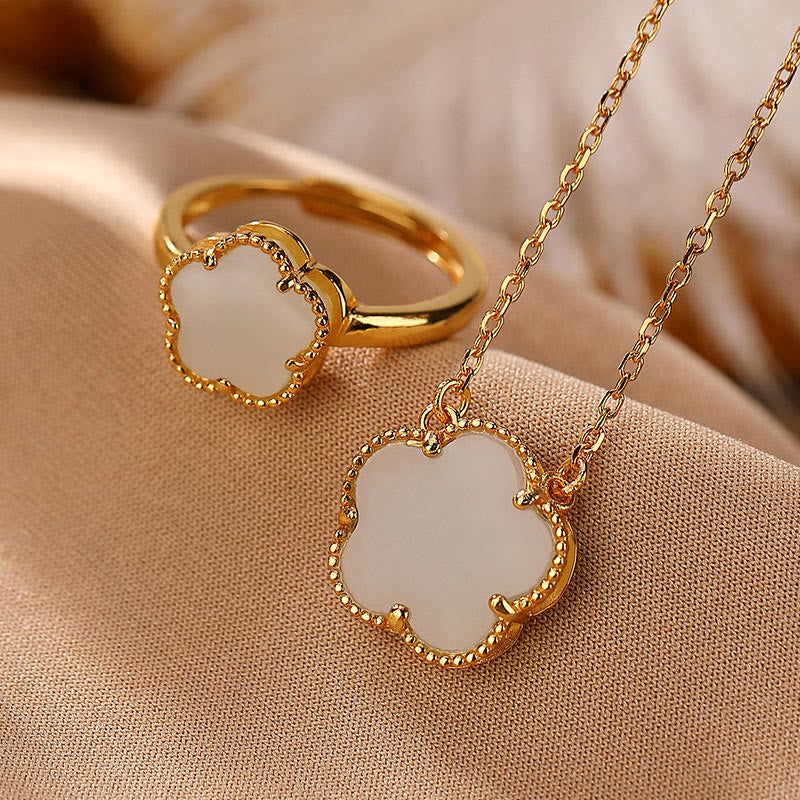 Hetian Jade Flower Necklace & Ring Set in Sterling Silver Gold Plated for Luck