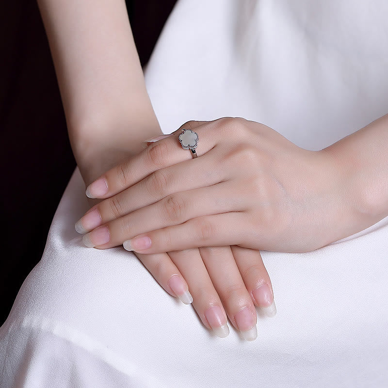 Hetian Jade Flower Necklace & Ring Set in Sterling Silver Gold Plated for Luck