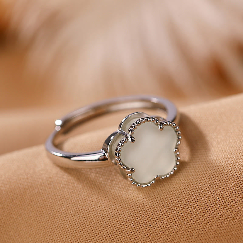 Hetian Jade Flower Necklace & Ring Set in Sterling Silver Gold Plated for Luck