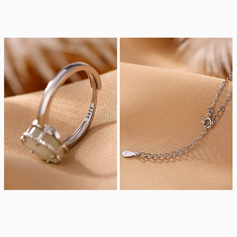 Hetian Jade Flower Necklace & Ring Set in Sterling Silver Gold Plated for Luck