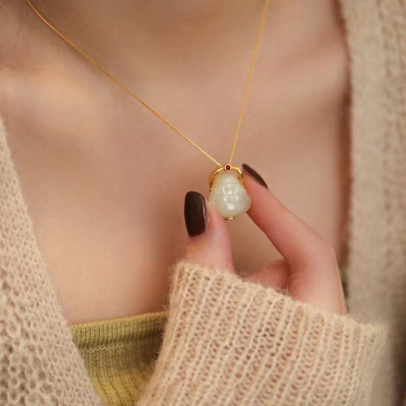 Hetian Jade Laughing Buddha Necklace for Abundance 925 Silver