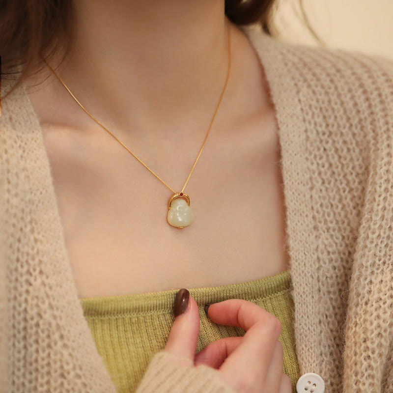 Hetian Jade Laughing Buddha Necklace for Abundance 925 Silver