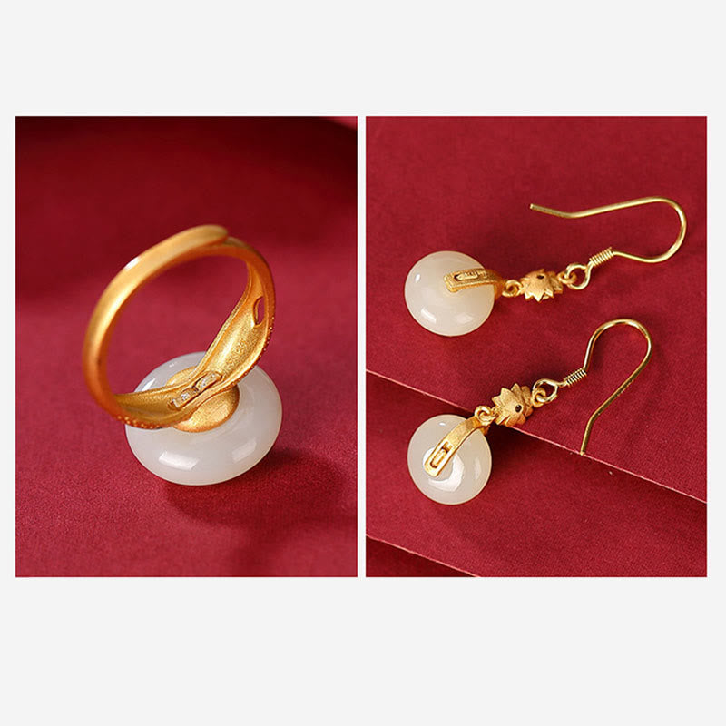 Hetian Jade Lotus Ring & Earrings Set | Gold Silver Spiritual Luck