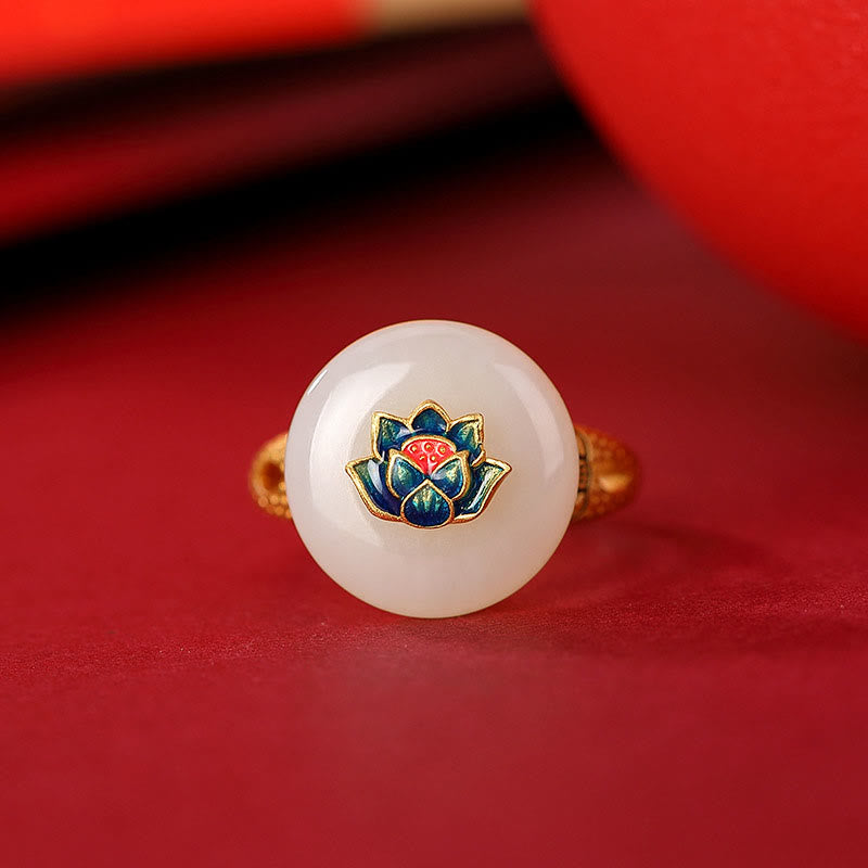 Hetian Jade Lotus Ring & Earrings Set | Gold Silver Spiritual Luck