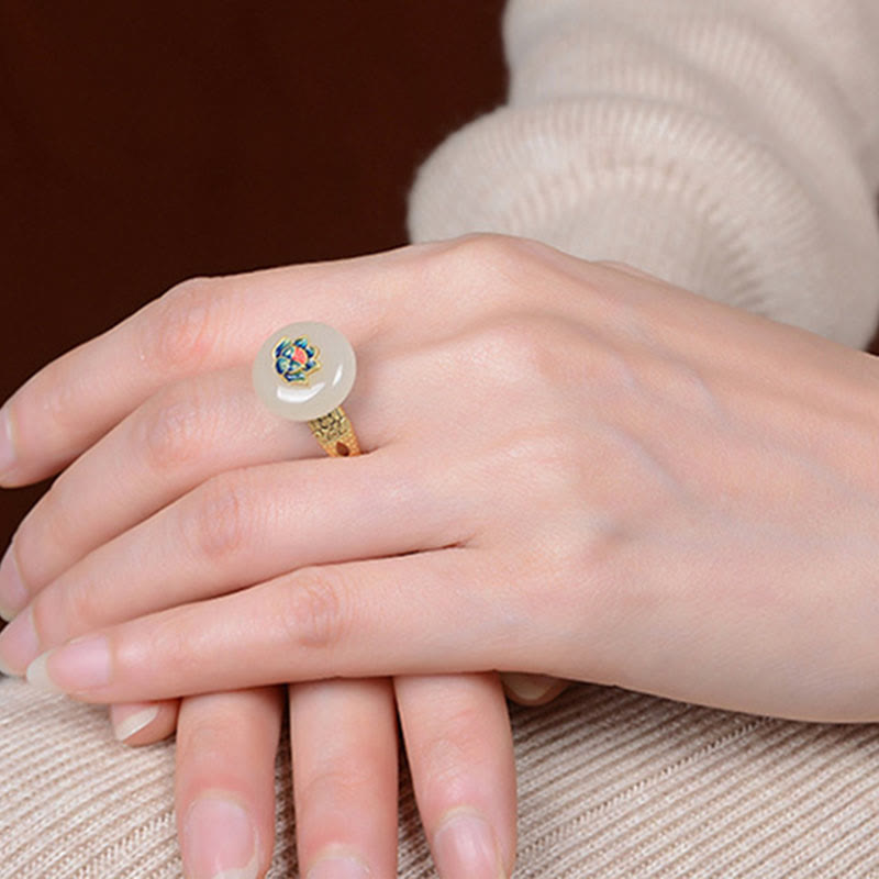 Hetian Jade Lotus Ring & Earrings Set | Gold Silver Spiritual Luck