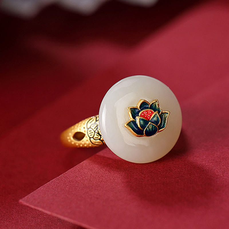 Hetian Jade Lotus Ring & Earrings Set | Gold Silver Spiritual Luck