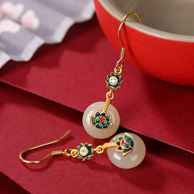 Hetian Jade Lotus Ring & Earrings Set | Gold Silver Spiritual Luck