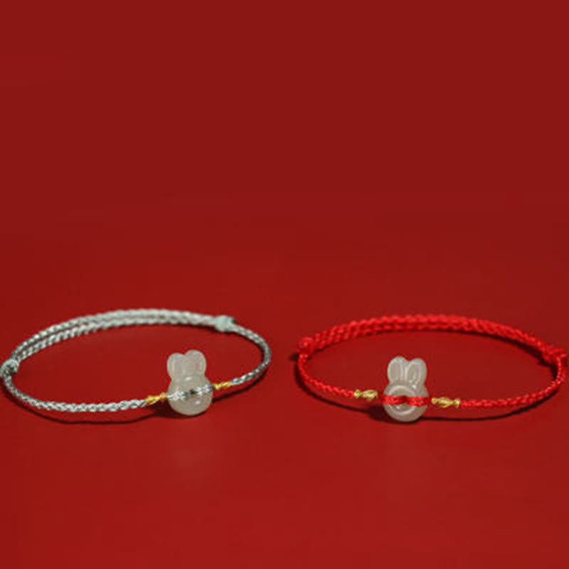 Hetian Jade Luck Bracelet with Cute Rabbit Charm and Red String