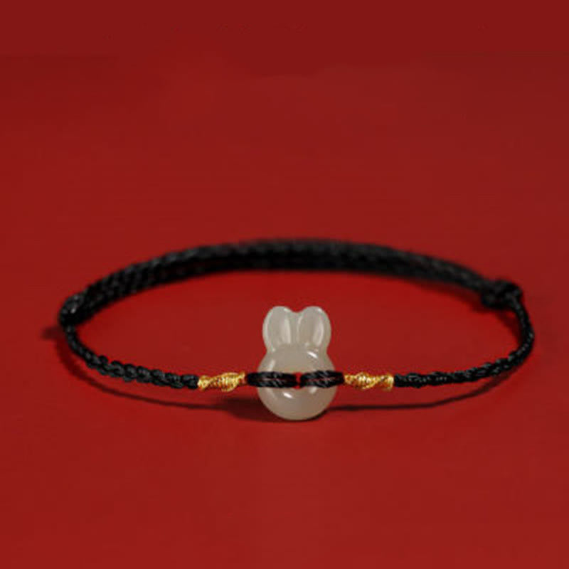 Hetian Jade Luck Bracelet with Cute Rabbit Charm and Red String