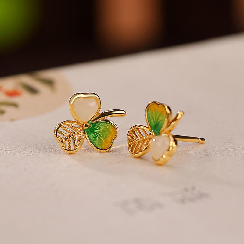 Hetian Jade Luck Shamrock Necklace & Earrings Set