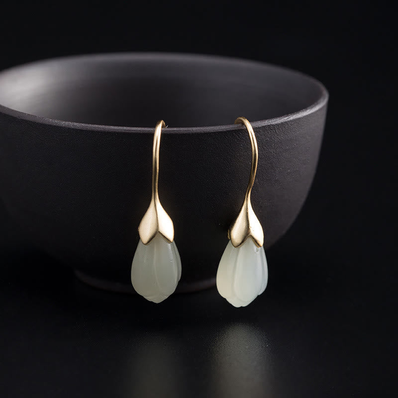 Hetian Jade Magnolia 925 Silver Drop Earrings