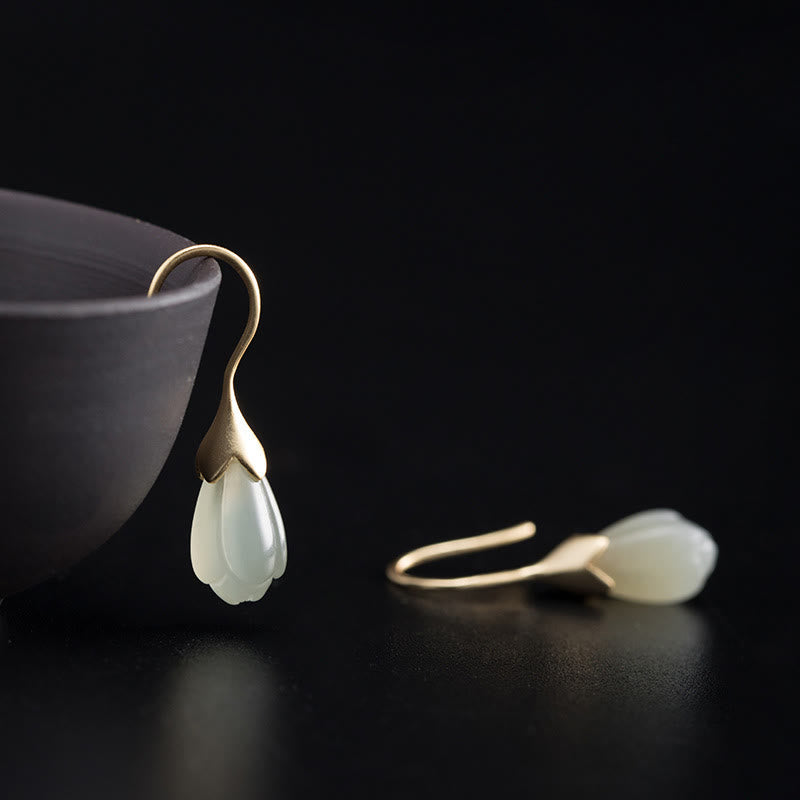 Hetian Jade Magnolia 925 Silver Drop Earrings
