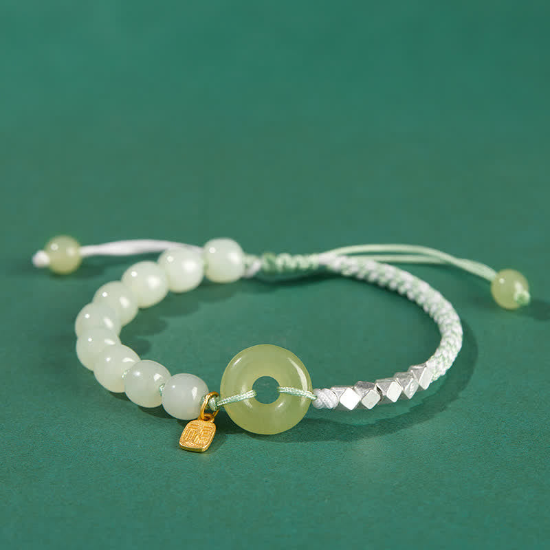 Hetian Jade Peace Buckle Luck Bracelet|Sterling Silver Charm
