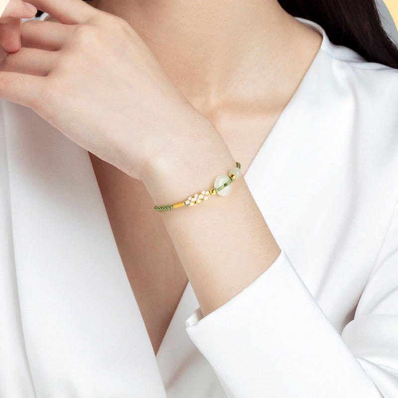 Hetian Jade Peace Buckle Luck Peach Blossom Braided Bracelet