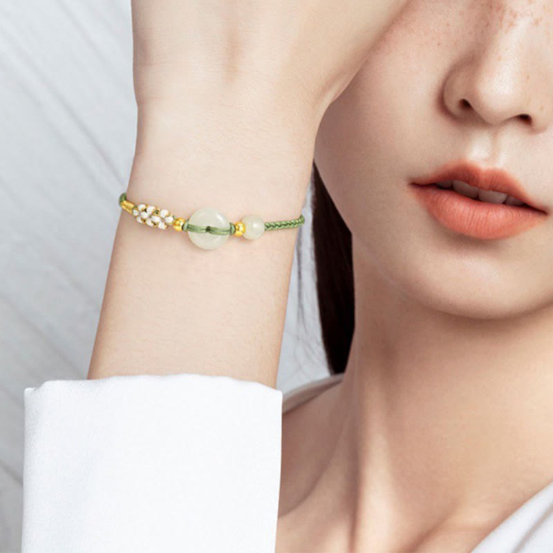 Hetian Jade Peace Buckle Luck Peach Blossom Braided Bracelet