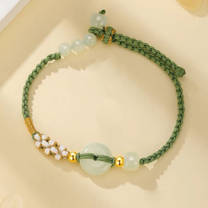 Hetian Jade Peace Buckle Luck Peach Blossom Braided Bracelet
