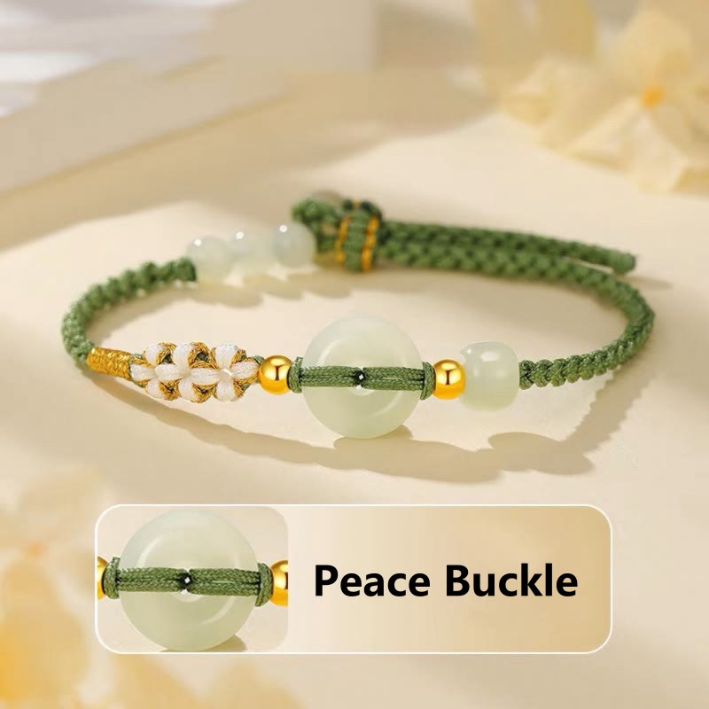 Hetian Jade Peace Buckle Luck Peach Blossom Braided Bracelet