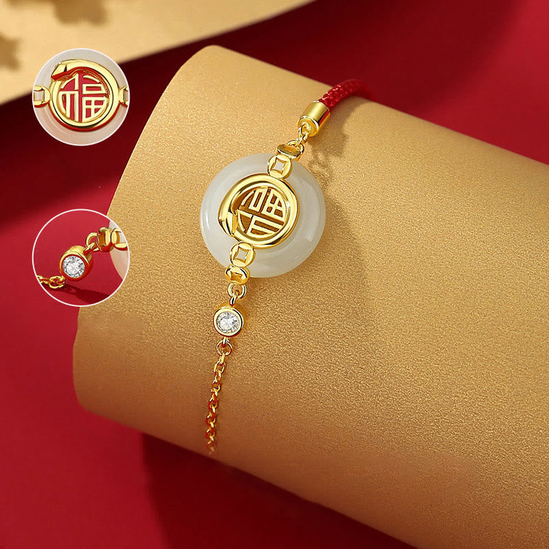 Hetian Jade Peace Buckle Red String Bracelet