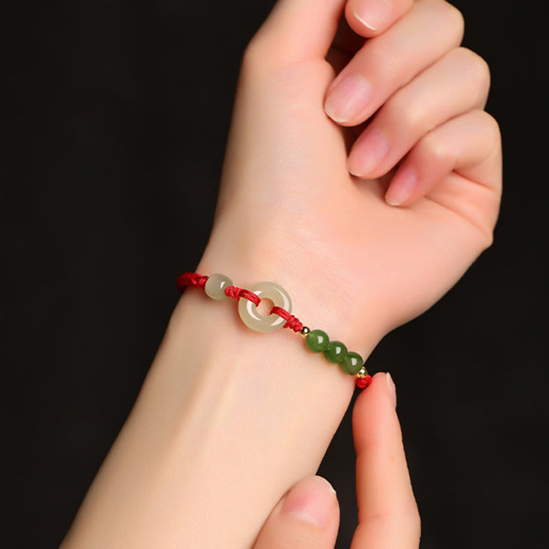 Hetian Jade Peace Buckle Red String Protection Bracelet 16cm