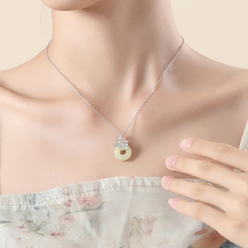 Hetian Jade Peach Blossom Necklace with Peace Buckle