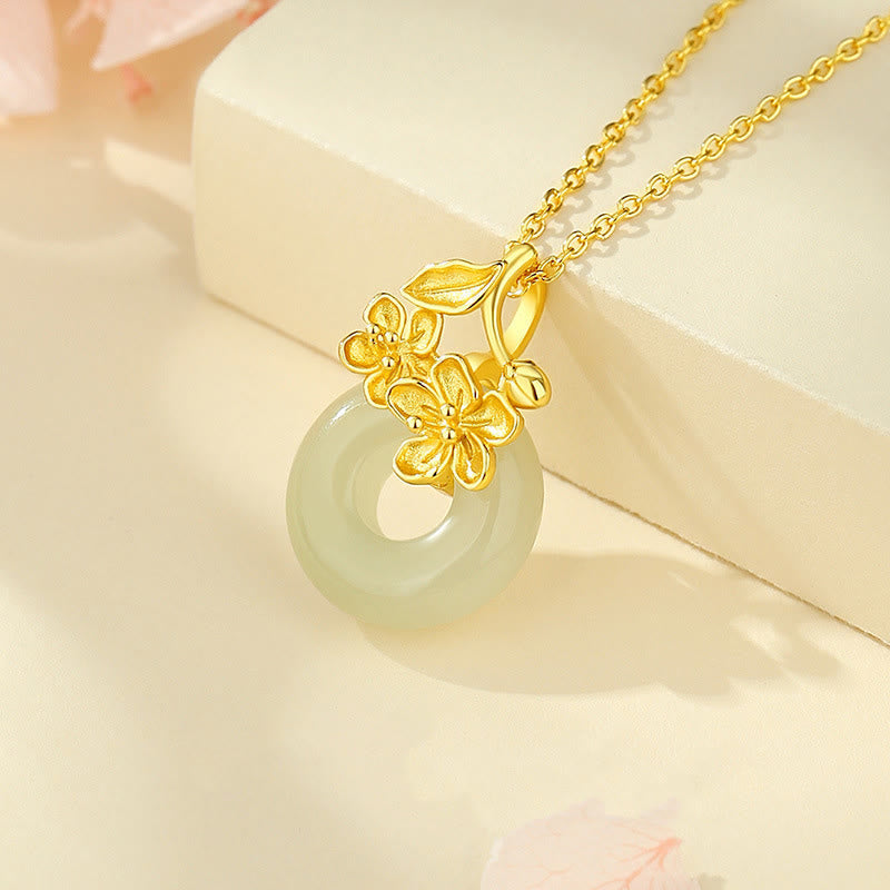 Hetian Jade Peach Blossom Necklace with Peace Buckle